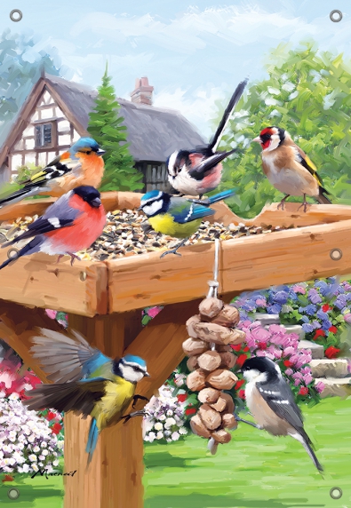 Tuinposter vogels op voederplateau GROOT 110x155